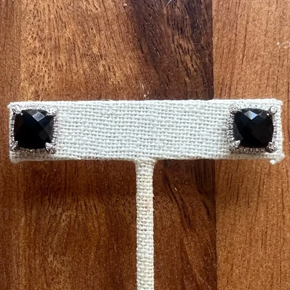 David Yurman Chatelaine Diamond and Black Onyx Earrings SS/14KWG POSTS - Picture 2 of 10